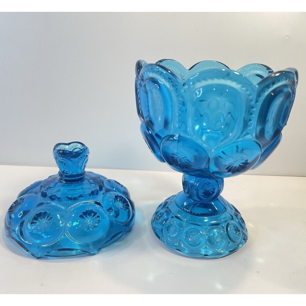 VTG LE Smith 8" Blue Glass Moon & Star Lidded Pedestal Compote Candy Dish GLOW - Picture 2 of 12